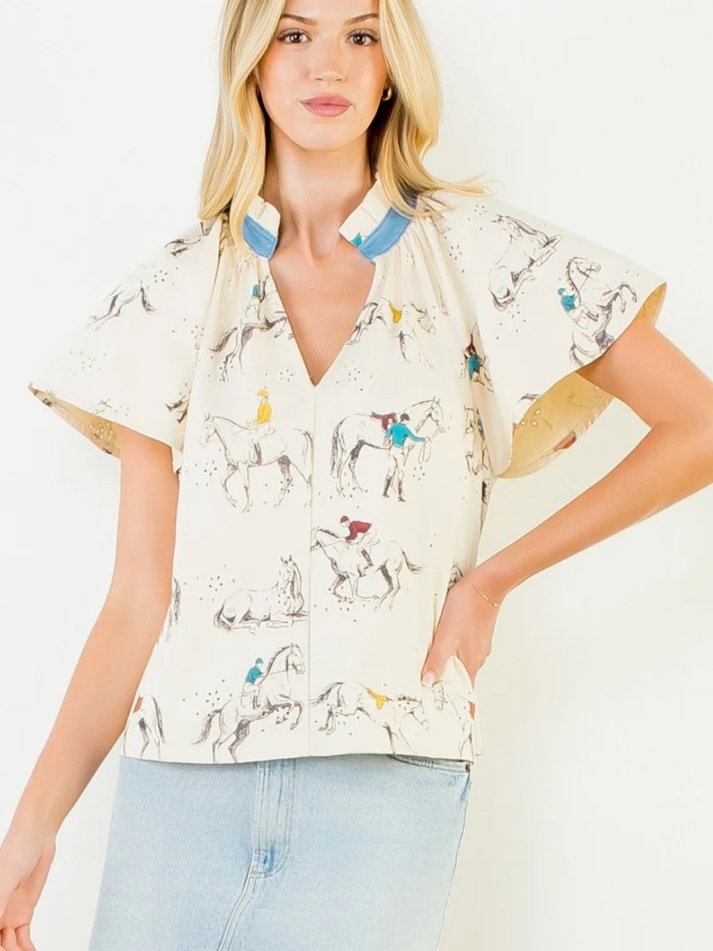 NWT THML Cream Equestrian-Print V-Neck Flutter Sleeve Blouse